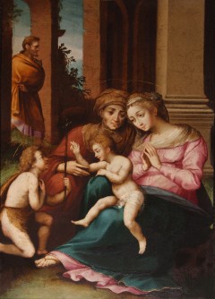 El Niño Jesús bendice a un pastorcillo, sentado sobre la Virgen María