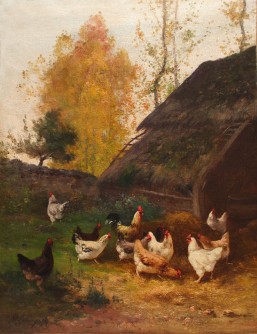Paisaje rural con gallinas